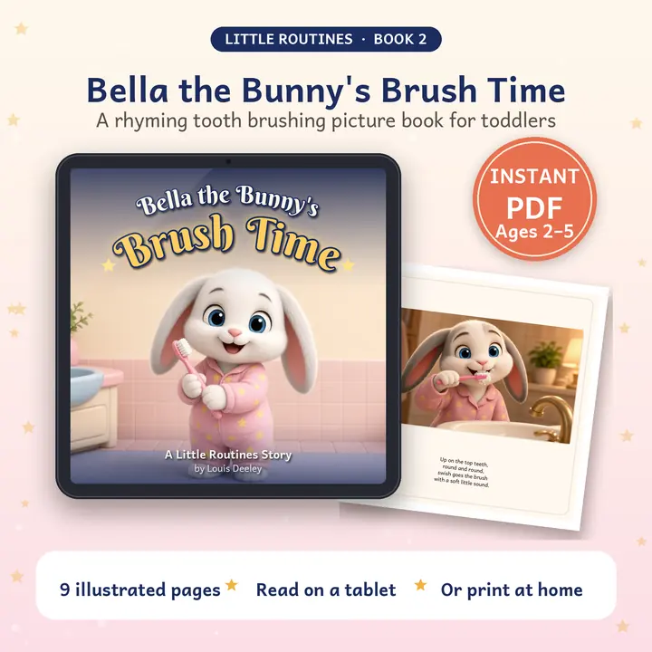 Bella the Bunny's Brush Time: book cover shown on a tablet with a printed page