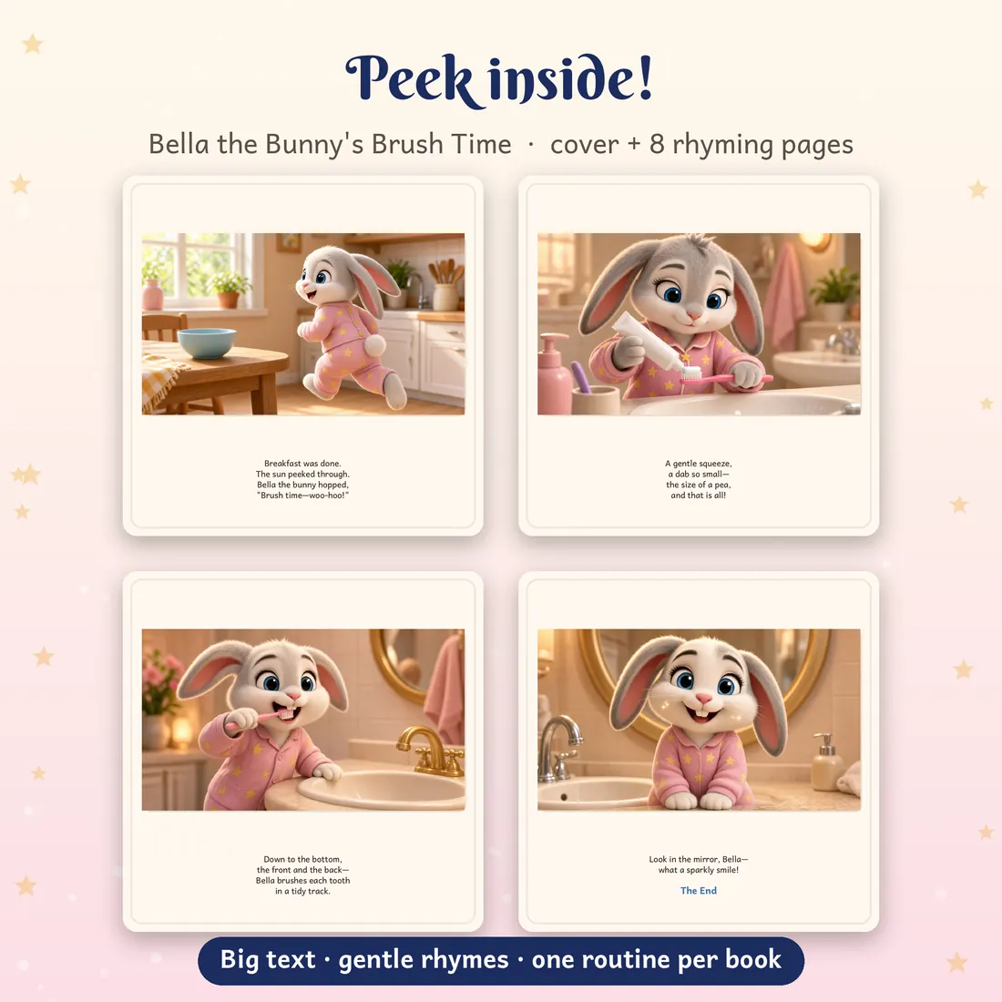 Four interior pages from Bella the Bunny's Brush Time