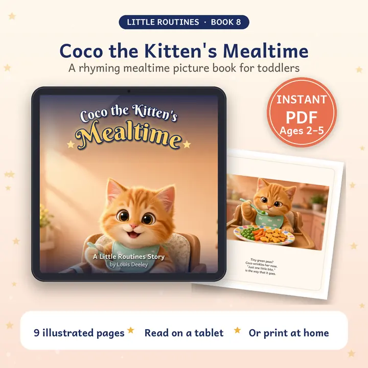 Coco the Kitten's Mealtime: book cover shown on a tablet with a printed page