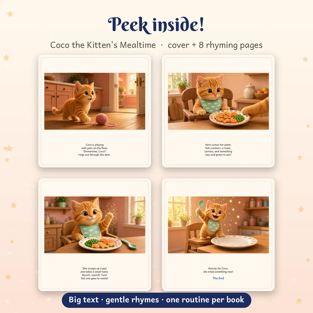 Four interior pages from Coco the Kitten's Mealtime