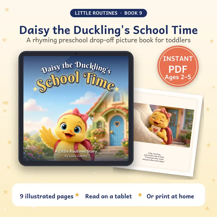 Daisy the Duckling's School Time: book cover shown on a tablet with a printed page