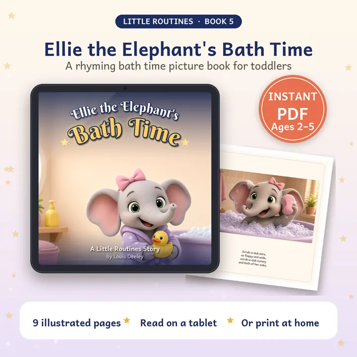Ellie the Elephant's Bath Time: book cover shown on a tablet with a printed page