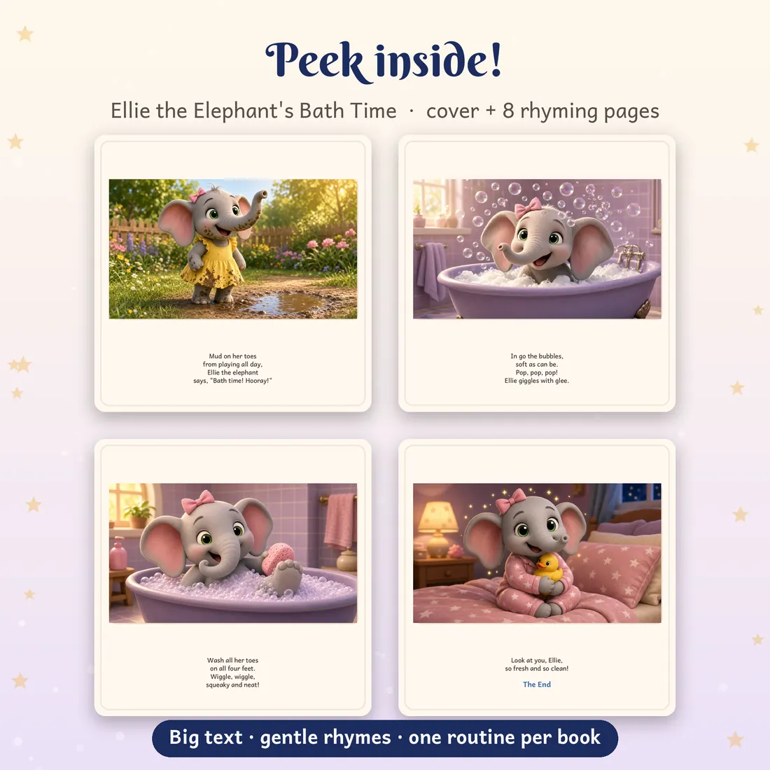Four interior pages from Ellie the Elephant's Bath Time