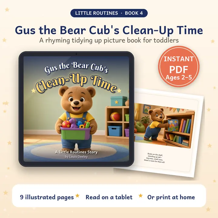 Gus the Bear Cub's Clean-Up Time: book cover shown on a tablet with a printed page