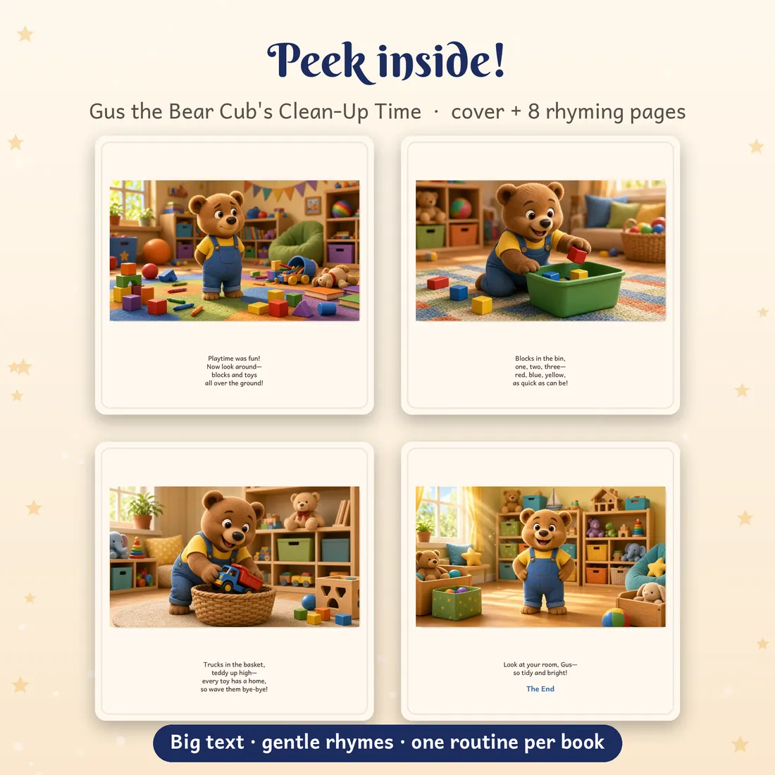 Four interior pages from Gus the Bear Cub's Clean-Up Time