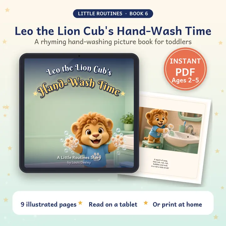 Leo the Lion Cub's Hand-Wash Time: book cover shown on a tablet with a printed page