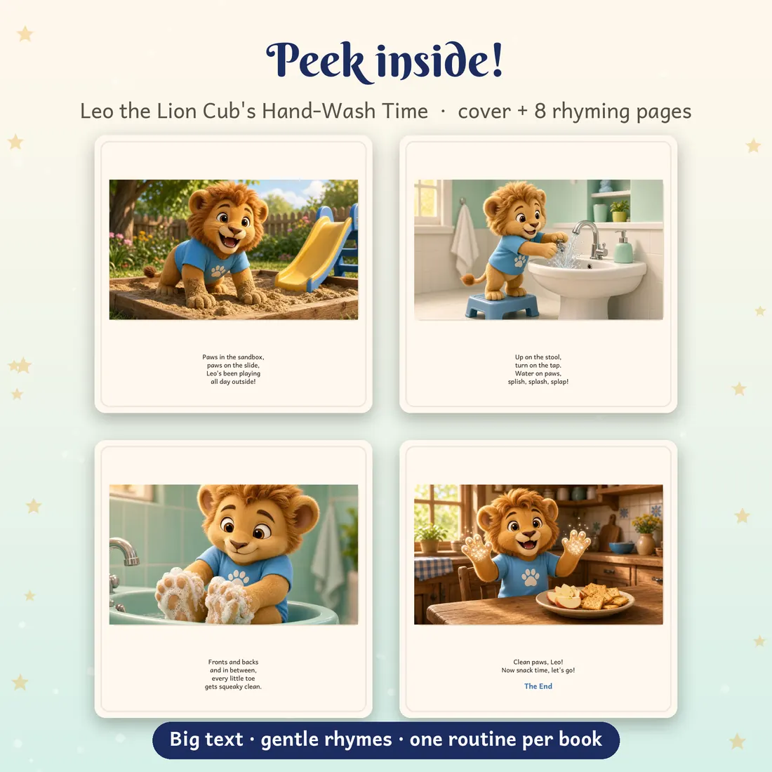 Four interior pages from Leo the Lion Cub's Hand-Wash Time