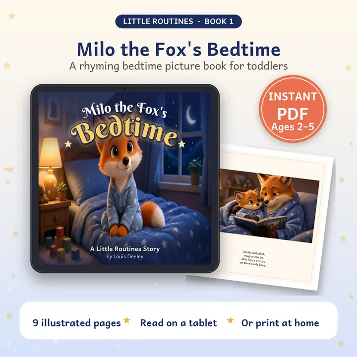 Milo the Fox's Bedtime: book cover shown on a tablet with a printed page