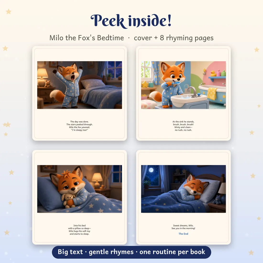 Four interior pages from Milo the Fox's Bedtime
