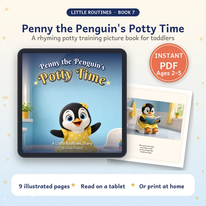 Penny the Penguin's Potty Time: book cover shown on a tablet with a printed page