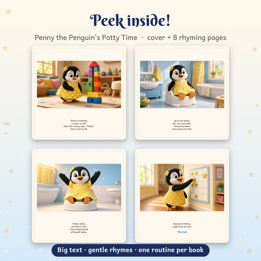 Four interior pages from Penny the Penguin's Potty Time