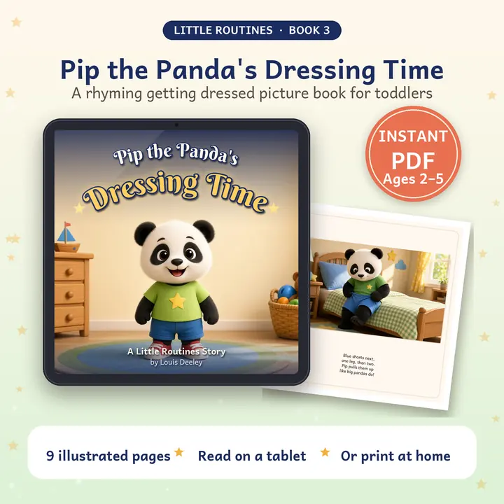 Pip the Panda's Dressing Time: book cover shown on a tablet with a printed page