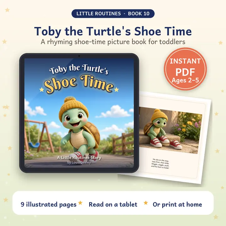 Toby the Turtle's Shoe Time: book cover shown on a tablet with a printed page