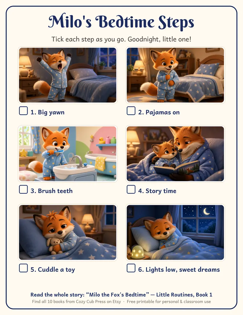 Milo's bedtime steps checklist printable