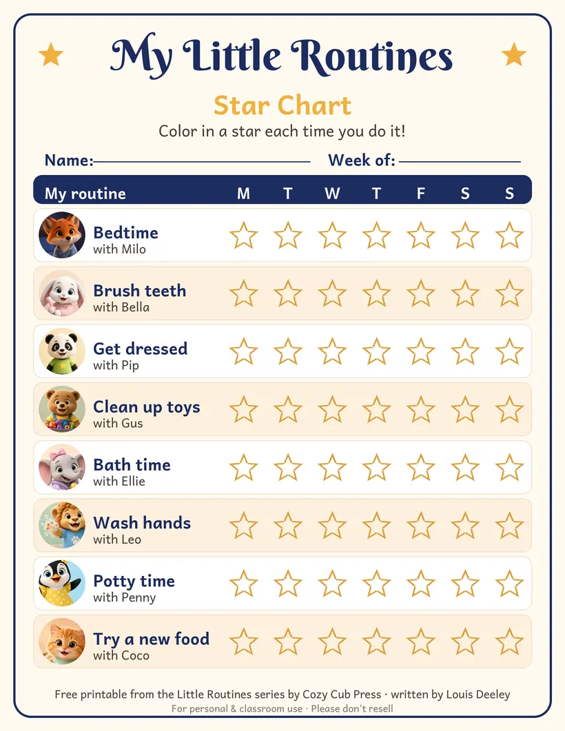 Little Routines weekly star chart printable